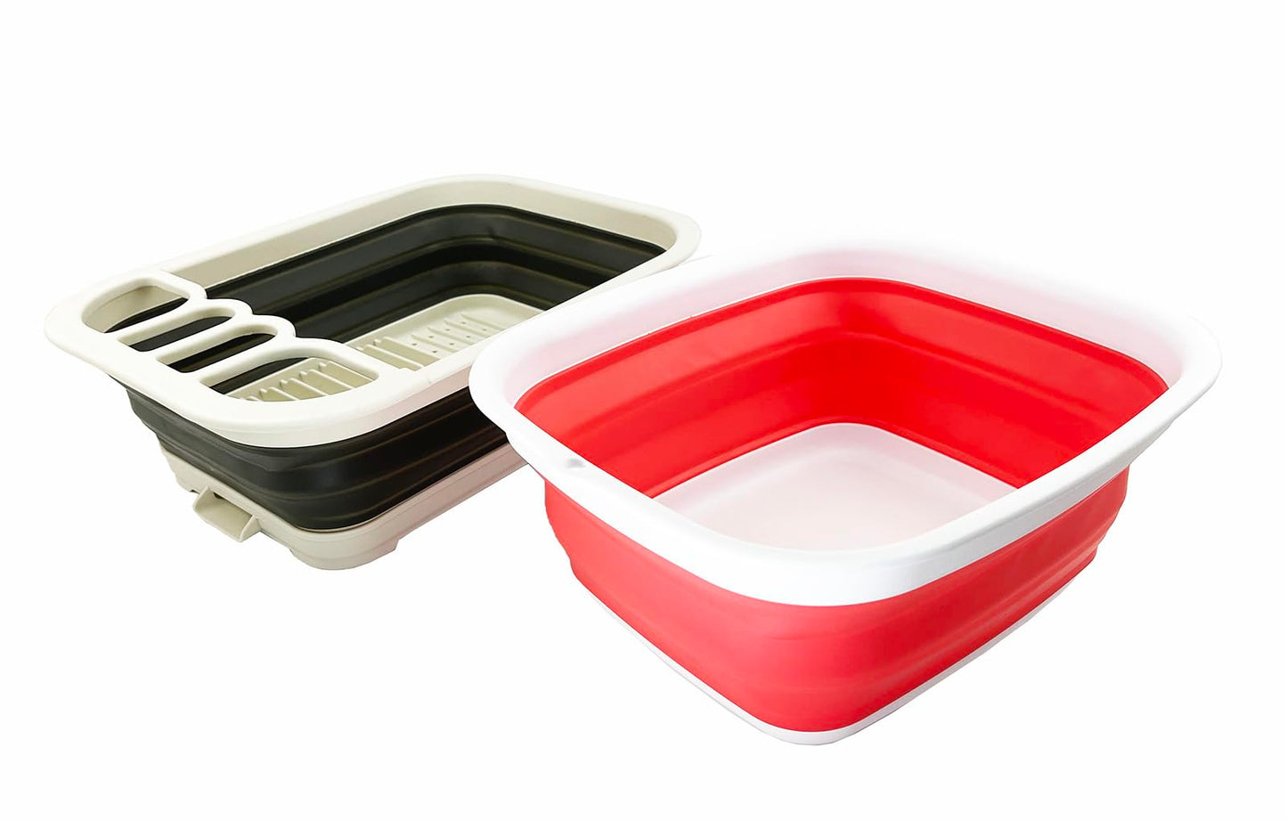 SAMMART 2pcs Kitchen & Outdoor Set : Collapsible Dish Drainer with Drainer Board & Collapsible Plastic Tub (2, Washed Black+Coral Pink)