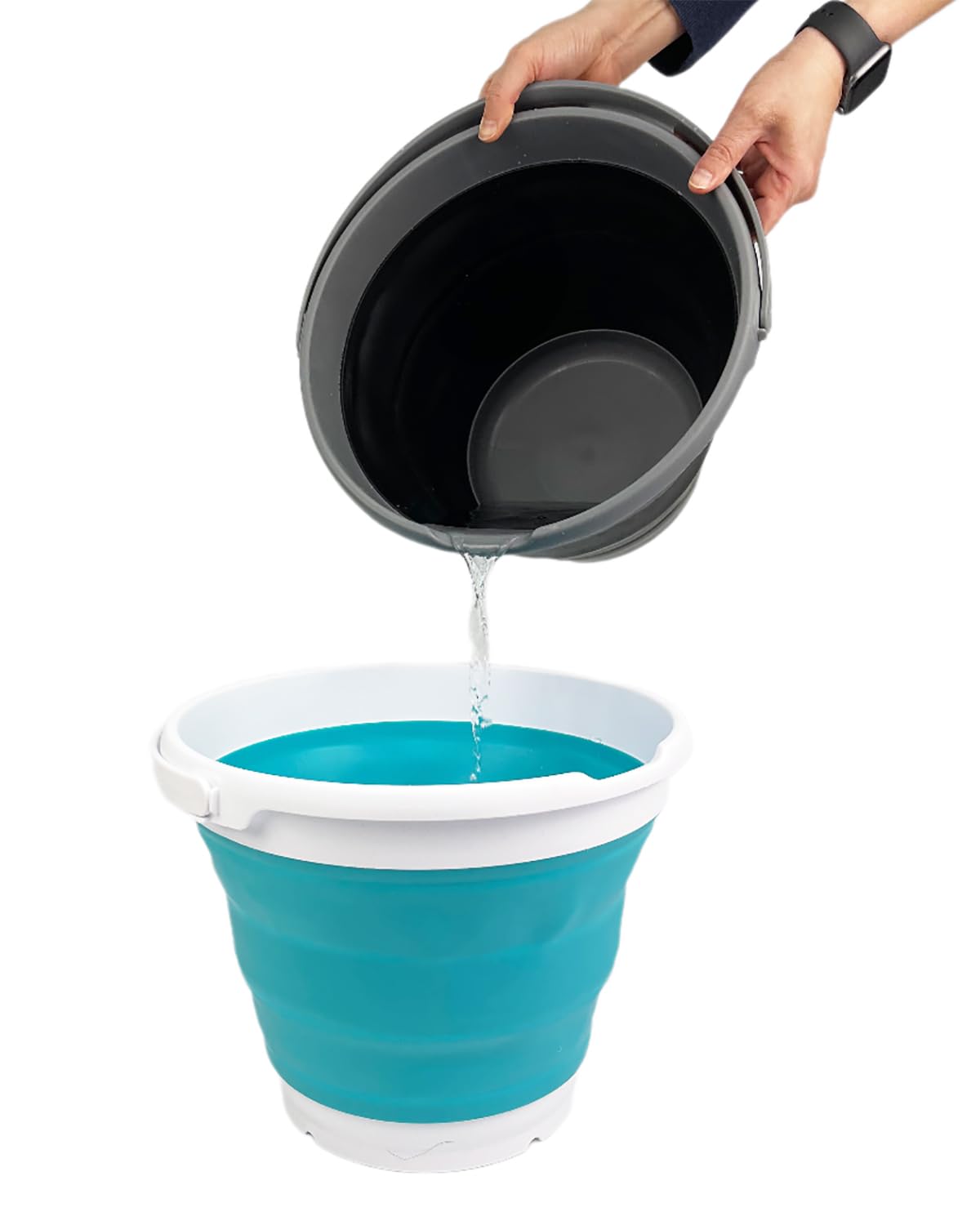 SAMMART Collapsible Plastic Bucket - Foldable Round Tub with Handle - Pop Up Saving (White/Ceramic Blue, 10L)