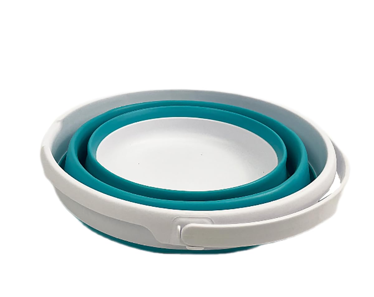 SAMMART Collapsible Plastic Bucket - Foldable Round Tub with Handle - Pop Up Saving (White/Ceramic Blue, 10L)