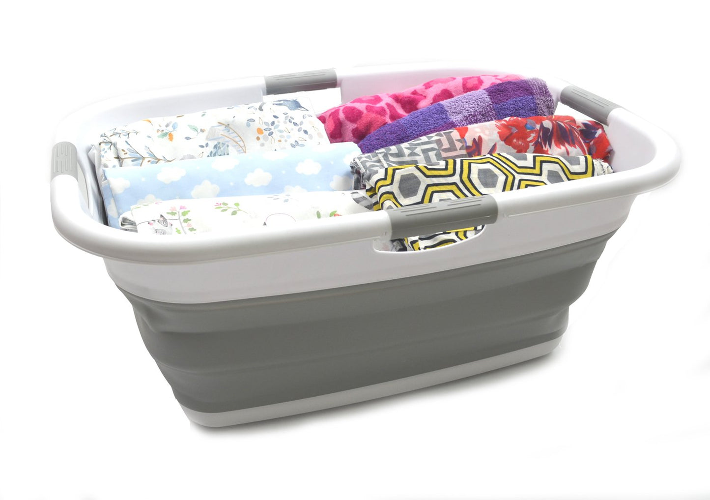 SAMMART 49L (12.9 Gallon) Collapsible 3-Handled Plastic Laundry Basket - Oval Tub - Portable Washing Tub-Space Saving Laundry Hamper, Water Capacity 44L / 11.6 Gallon (2 pcs - Rectangular, Grey)