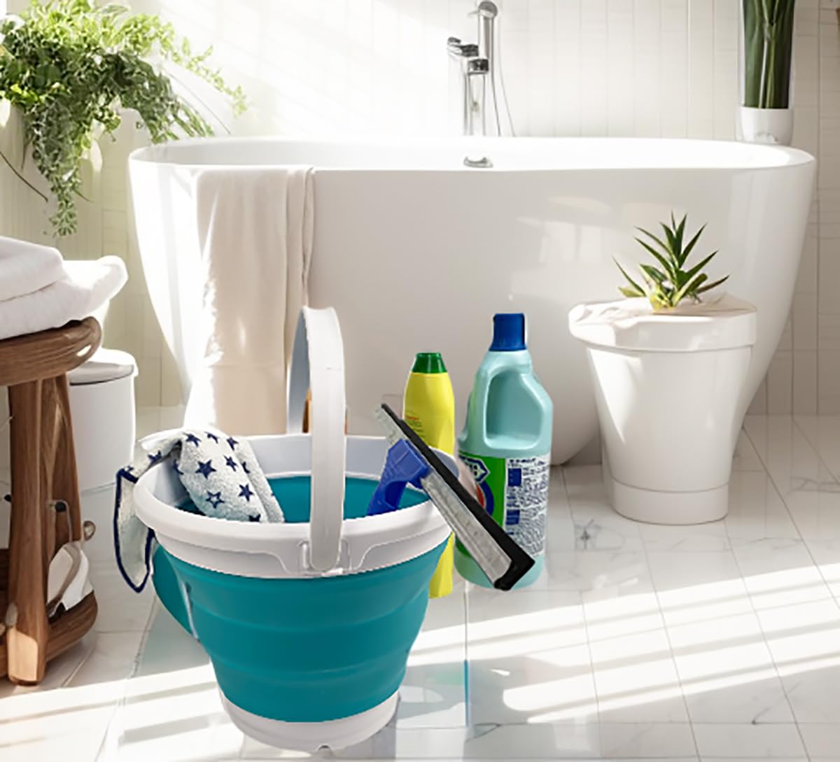 SAMMART Collapsible Plastic Bucket - Foldable Round Tub with Handle - Pop Up Saving (White/Ceramic Blue, 10L)