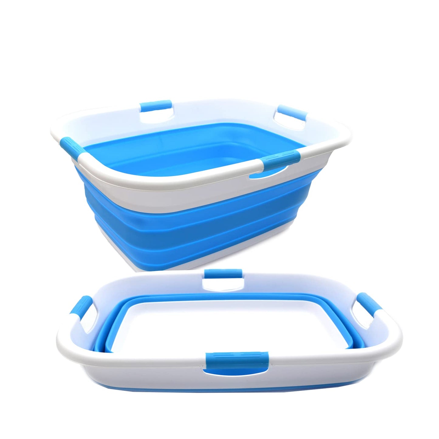 SAMMART 49L(12.9 gallon) Collapsible 4 Handled Laundry Basket-Foldable Storage Container-Portable Washing Bin-Space Saving-Pet Bath Tub,Water capacity 37L(9.7 gallon) (2 pcs - Rectangular, Sky Blue)