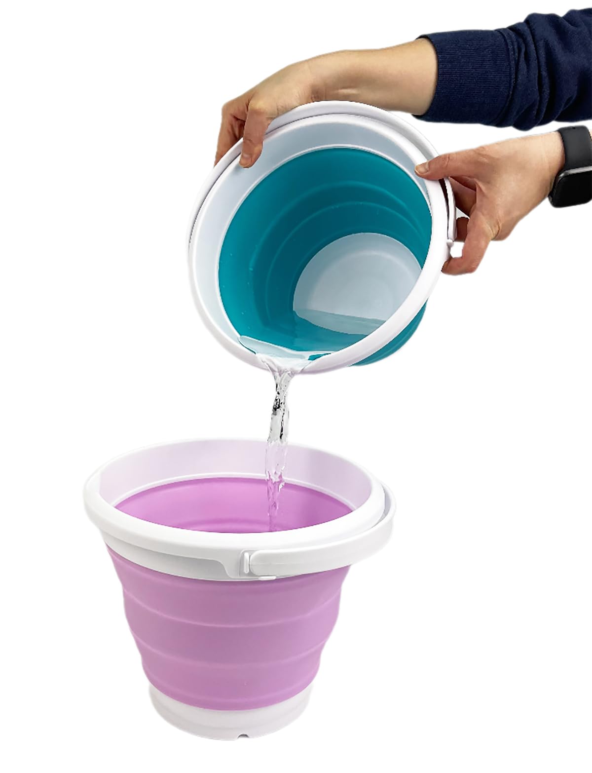 SAMMART Collapsible Plastic Bucket - Foldable Round Tub with Handle - Pop Up Saving (White/Pale Purple, 5.5L)