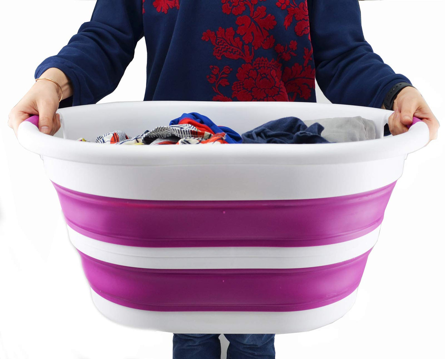 SAMMART 36L (9.5 gallon) Collapsible Plastic Laundry Basket - Oval Tub/Basket - Foldable Storage Container/Organizer - Portable Washing Tub - Space Saving Laundry Hamper, Water Capacity: 28L (7.4 gallon)