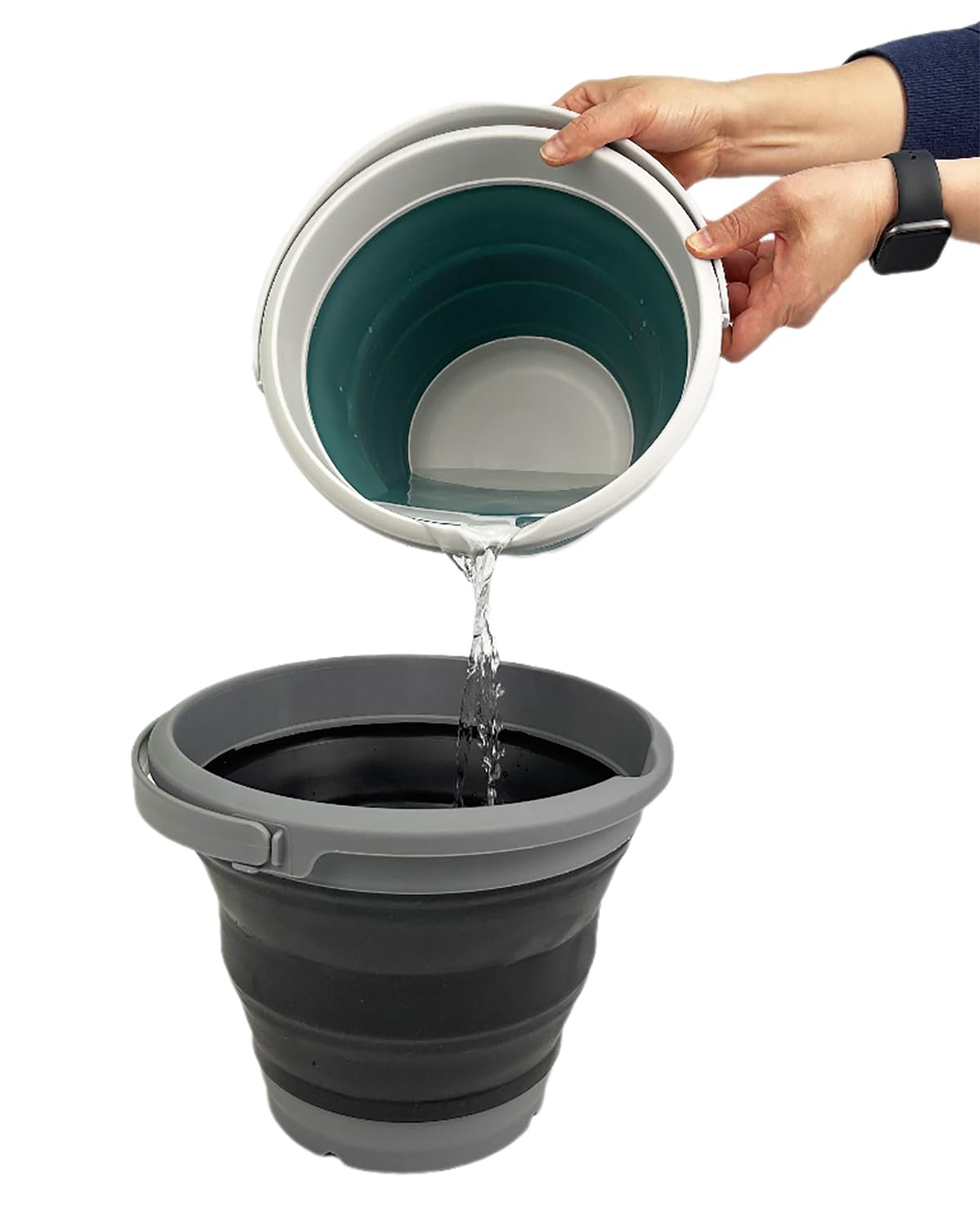 SAMMART Collapsible Plastic Bucket - Foldable Round Tub with Handle - Pop Up Saving (Grey+Black (Set of 2), 5.5L)