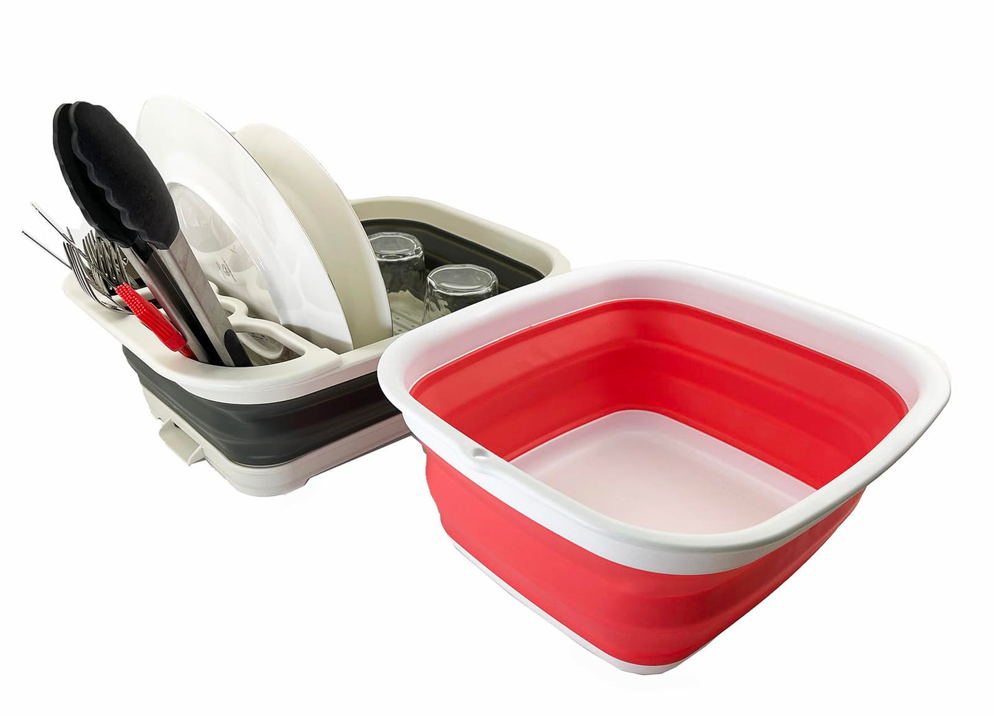SAMMART 2pcs Kitchen & Outdoor Set : Collapsible Dish Drainer with Drainer Board & Collapsible Plastic Tub (2, Washed Black+Coral Pink)