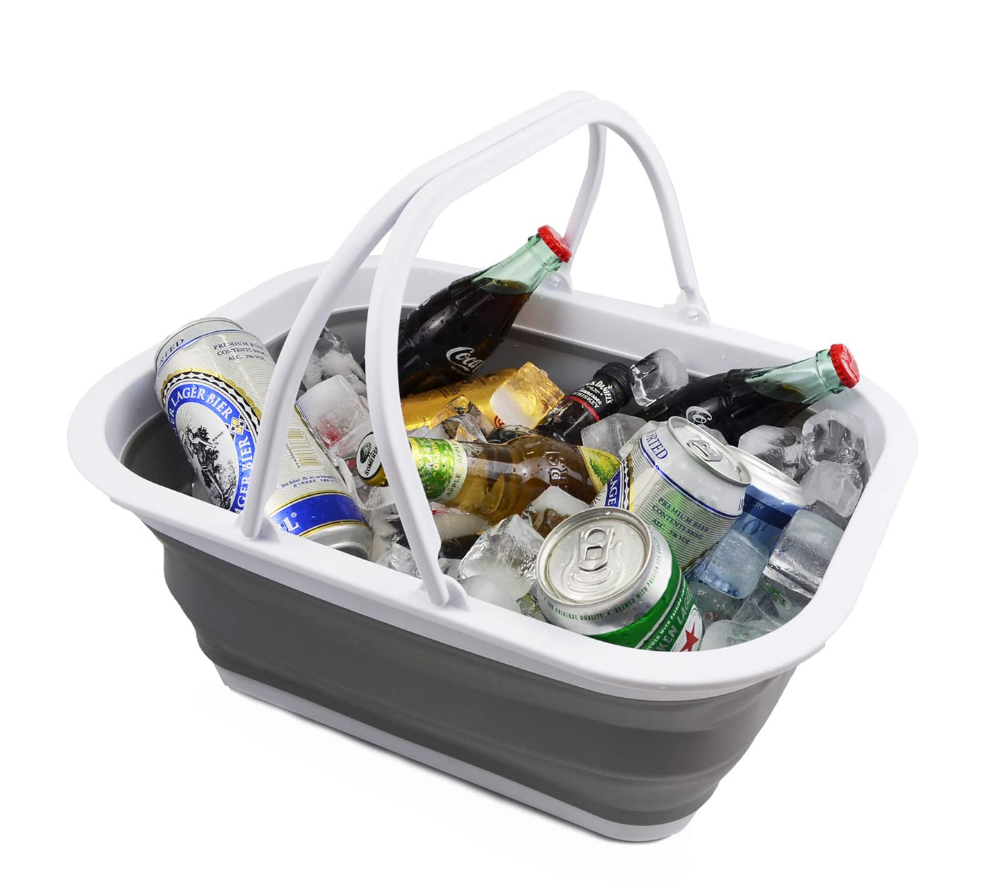 SAMMART Collpasible Basket with Handle 15L - Portable Outdoor Picnic Basket/Crate - Foldable Basin for Washing Dishes,Camping,Hiking(White/Grey)