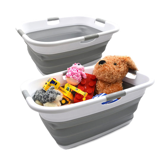 SAMMART 49L (12.9 Gallon) Collapsible 3-Handled Plastic Laundry Basket - Oval Tub - Portable Washing Tub-Space Saving Laundry Hamper, Water Capacity 44L / 11.6 Gallon (2 pcs - Rectangular, Grey)