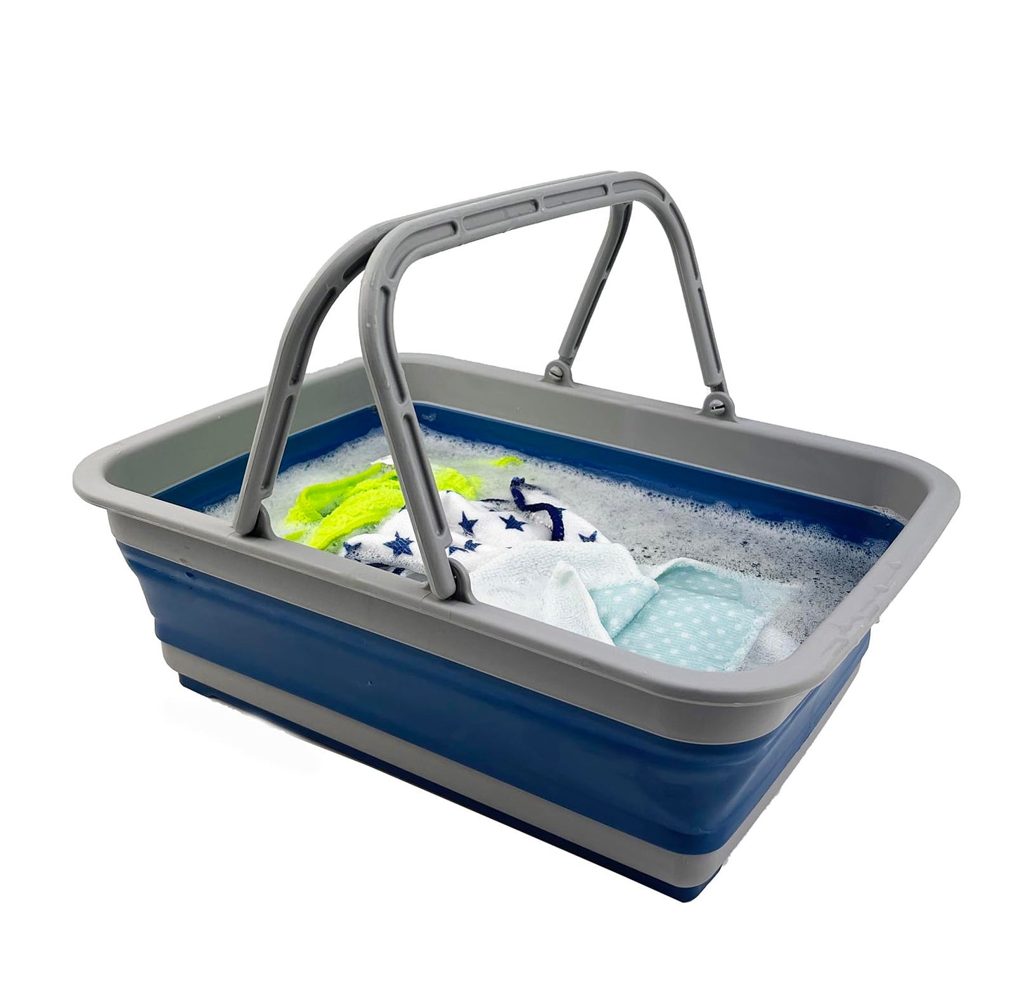 SAMMART Collapsible Basket with Handle 8L (2.1 Gallon)- Portable Outdoor Picnic Basket/Crate - Foldable Basin for Washing Dishes,Camping,Hiking (Grey/Mist Blue)
