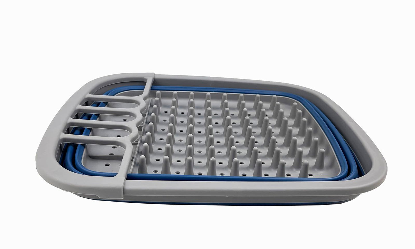 SAMMART 8L (2.11Gallons) Collapsible Plastic Dish Drainer - Foldable Drying Rack - Portable Dinnerware Organizer - Space Saving Kitchen Utensil Storage Tray (Grey/Mist Blue)