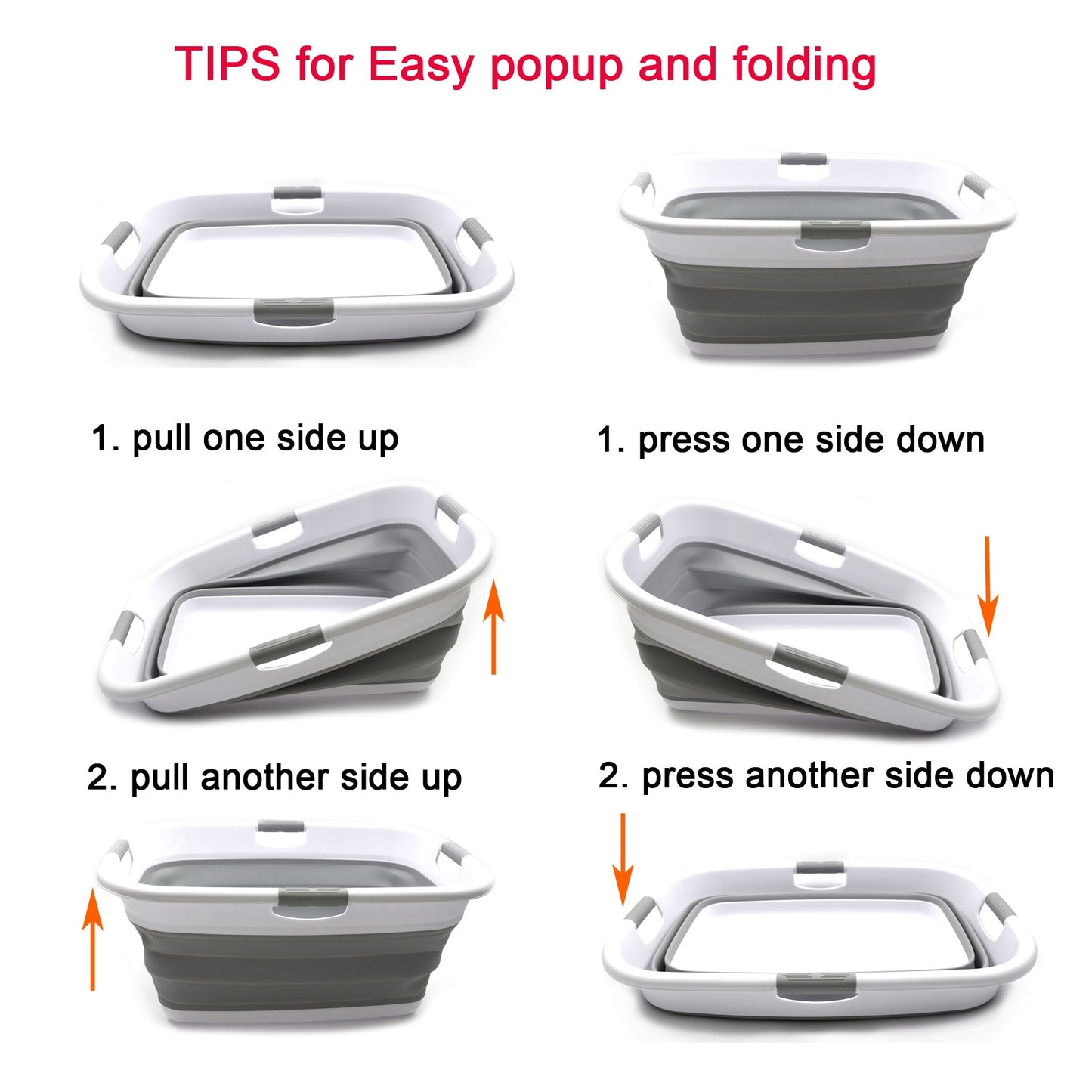 SAMMART 49L (12.9 Gallon) Collapsible 3-Handled Plastic Laundry Basket - Oval Tub - Portable Washing Tub-Space Saving Laundry Hamper, Water Capacity 44L / 11.6 Gallon (2 pcs - Rectangular, Grey)