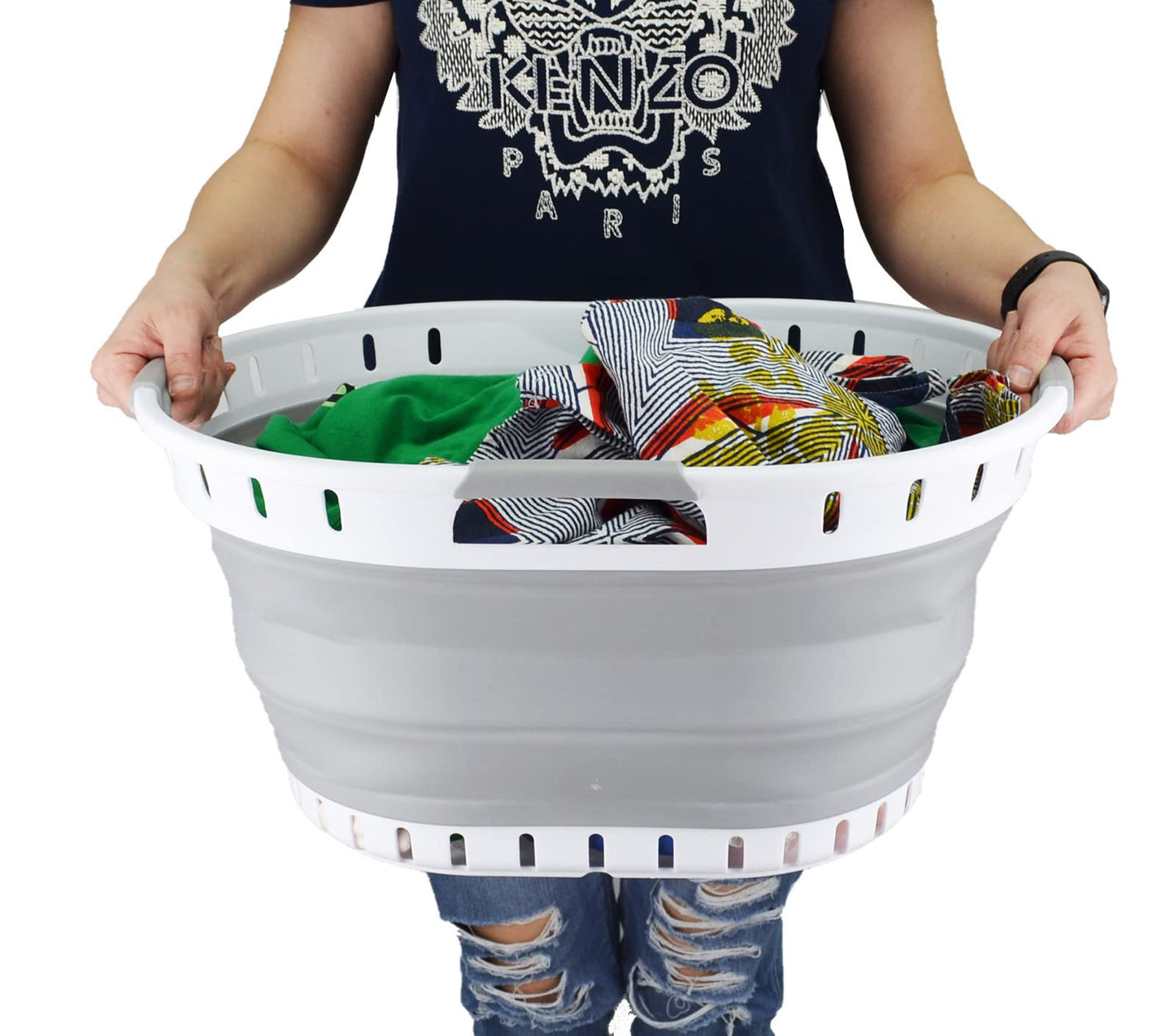 Collpasible Laundry Basket (25L Collapsible Laundry Basket with Holes (White/Grey)