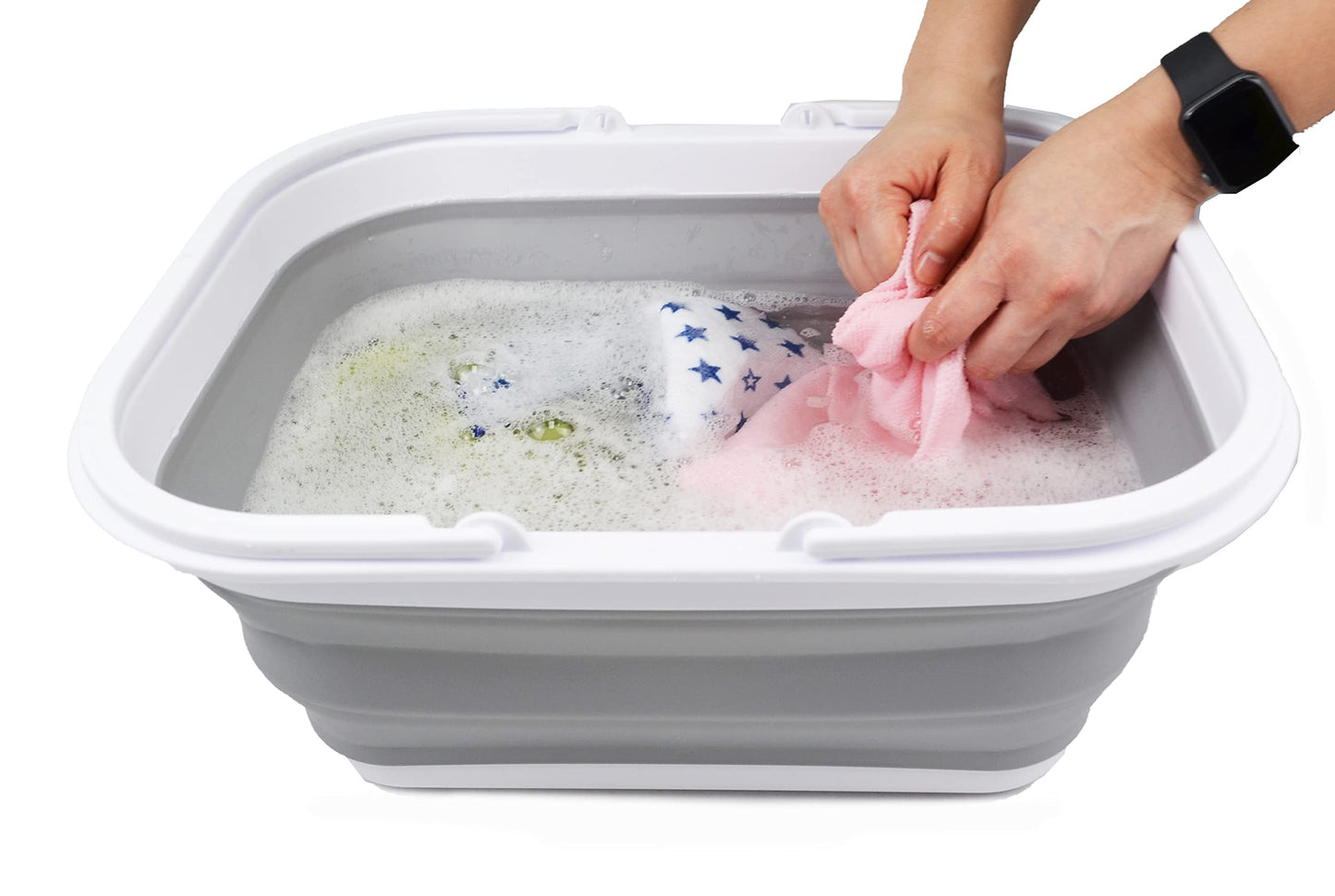 SAMMART Collpasible Basket with Handle 15L - Portable Outdoor Picnic Basket/Crate - Foldable Basin for Washing Dishes,Camping,Hiking(White/Grey)