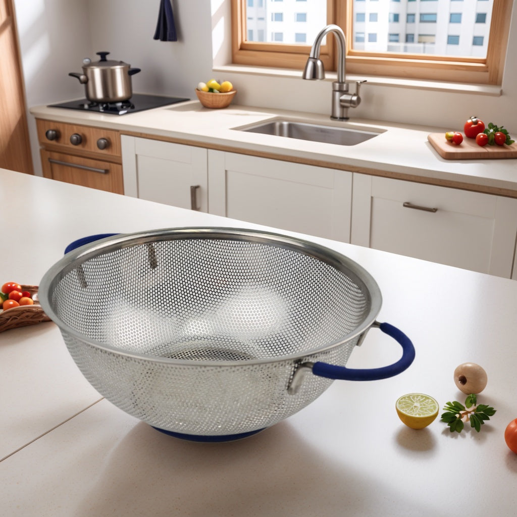 SAMMART Perforated Stainless Steel Sheet Colander with Handle - Strainer for Pasta, Noodle and Fruits