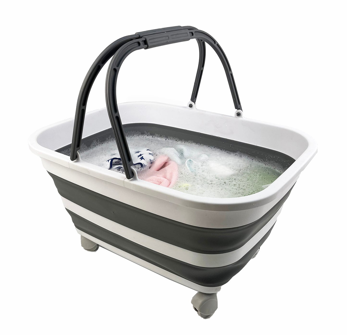 SAMMART 26L (6.8 Gallons) Collapsible Plastic Laundry Basket with Handle & Wheels-Foldable Pop Up Storage Container/Basket with handle and wheels-Portable Washing Tub