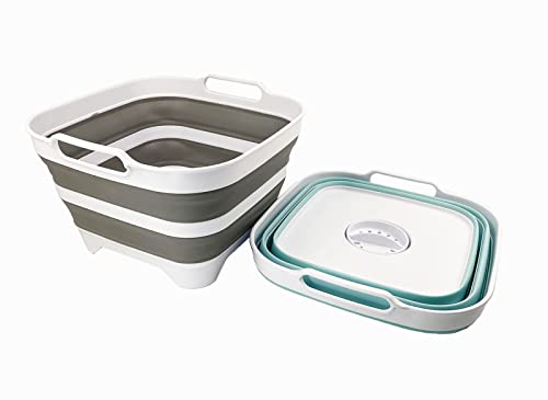 SAMMART 10L (2.6 gallons) Collapsible Plastic Dishpan with Draining Plug - Portable Washing Tub/Basin - Foldable Tub - Space Saving Kitchen Storage