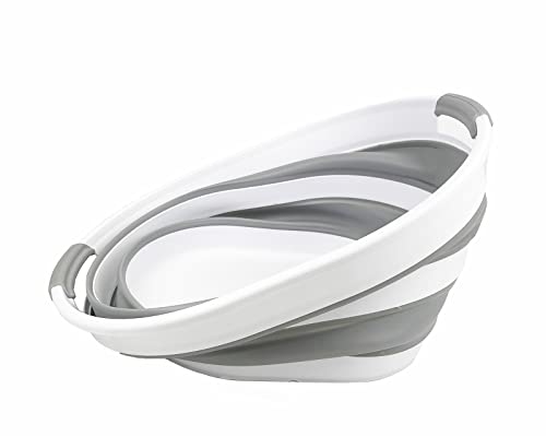 SAMMART 23L (6 Gallons) Set of 2 Collapsible Plastic Laundry Basket - Oval Tub - Foldable Storage Container/Organizer - Portable Washing Tub - Space Saving Laundry Hamper (Grey/Sage Green)