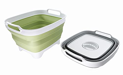 SAMMART 7.5L (2 gallons) Collapsible Plastic Dishpan with Draining Plug - Portable Washing Basin - Foldable Washing Tub - Pop Up Saving