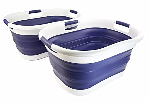 SAMMART Set of 2 Collapsible 3 handled Plastic Laundry Basket-Oval Washing Tub/Basket-Foldable Storage Container/Hamper-Easy Storage Space Saving