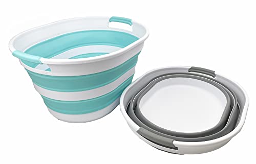 SAMMART 23L (6 Gallons) Set of 2 Collapsible Plastic Laundry Basket - Oval Tub - Foldable Storage Container/Organizer - Portable Washing Tub - Space Saving Laundry Hamper (Grey/Sage Green)