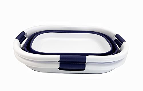 SAMMART Set of 2 Collapsible 3 handled Plastic Laundry Basket-Oval Washing Tub/Basket-Foldable Storage Container/Hamper-Easy Storage Space Saving