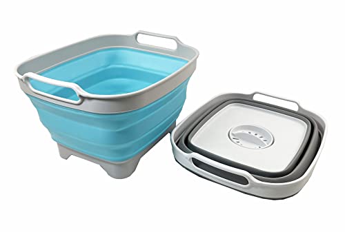 SAMMART 7.5L (2 Gallons) Collapsible Dishpan with Draining Plug - Foldable Washing Basin - Portable Dish Washing Tub - Space Saving y