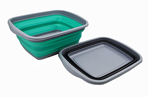 SAMMART 10L (2.6 Gallons) Set of 2 Collapsible Tub - Foldable Dish Tub - Portable Washing Basin - Space Saving Plastic Washtub (Bluish-Green + Black)