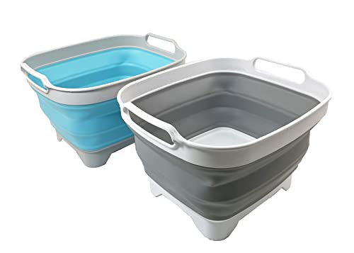 SAMMART 7.5L (2 Gallons) Collapsible Dishpan with Draining Plug - Foldable Washing Basin - Portable Dish Washing Tub - Space Saving y