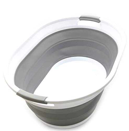 SAMMART Set of 2-39L(10.3 Gallon) Collapsible Plastic Laundry Basket-Pop Up Storage Container-Portable Washing Tub-Space Saving Hamper/Basket, Water Capacity:30L(7.9 Gallon) (2 Oval, Grey)