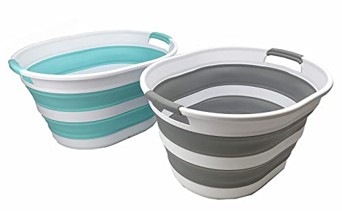 SAMMART 23L (6 Gallons) Set of 2 Collapsible Plastic Laundry Basket - Oval Tub - Foldable Storage Container/Organizer - Portable Washing Tub - Space Saving Laundry Hamper (Grey/Sage Green)