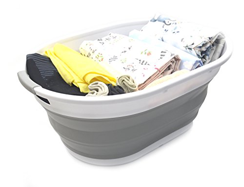 SAMMART Set of 2-39L(10.3 Gallon) Collapsible Plastic Laundry Basket-Pop Up Storage Container-Portable Washing Tub-Space Saving Hamper/Basket, Water Capacity:30L(7.9 Gallon) (2 Oval, Grey)