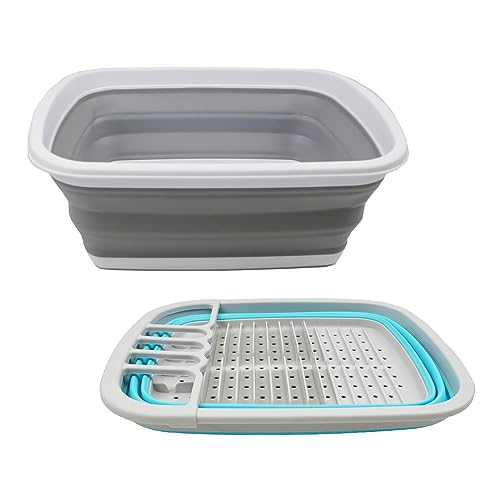 SAMMART 10L (2.6 Gallons) Collapsible Tub & 8L (2.11Gallons) Collapsible Dish Drainer with Drainer Board