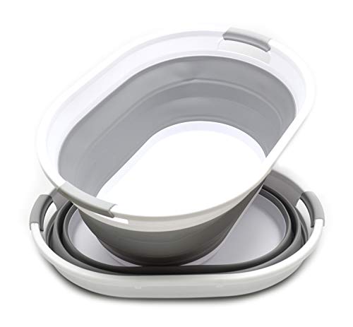 SAMMART Set of 2-39L(10.3 Gallon) Collapsible Plastic Laundry Basket-Pop Up Storage Container-Portable Washing Tub-Space Saving Hamper/Basket, Water Capacity:30L(7.9 Gallon) (2 Oval, Grey)