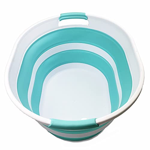 SAMMART 23L (6 Gallons) Collapsible Plastic Laundry Basket - Oval Tub/Basket - Foldable Storage Container/Organizer - Portable Washing Tub - Space Saving Laundry Hamper (White/Sage Green) (