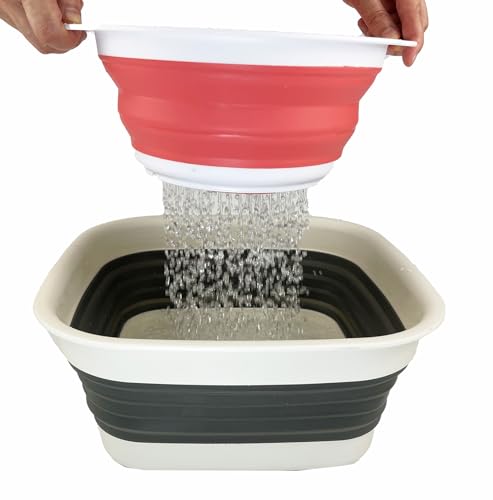 SAMMART 2pcs Set - 8L (2.1 Gallon) Collapsible Tub & 2.6L (0.68 Gallon) Collapsible Colander - Portable Washing Basin - Space Saving Plastic Washtub