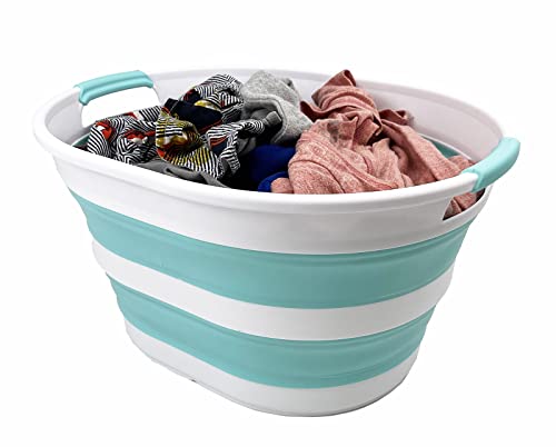 SAMMART 23L (6 Gallons) Set of 2 Collapsible Plastic Laundry Basket - Oval Tub - Foldable Storage Container/Organizer - Portable Washing Tub - Space Saving Laundry Hamper (Grey/Sage Green)