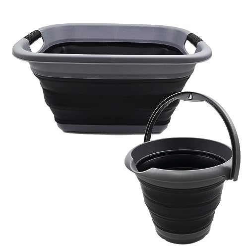 SAMMART 2 pcs Set : 25L (6.6 Gallon) Collapsible Plasic Laundry Basket & 5L (1.32 Gallon) Collapsible Bucket