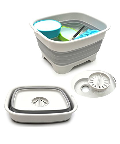 SAMMART 9.1L (2.4Gallon) Collapsible Dishpan with Draining Plug - Foldable Washing Basin - Portable Dish Washing Tub - Space Saving Kitchen Storage Tray