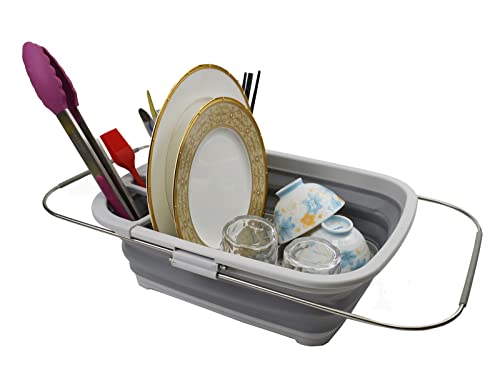 SAMMART 8L (2.11Gallons) Expandable & Collapsible Plastic Dish Drainer - Foldable Drying Rack with Expandable Handle - Portable Dinnerware Organizer - Pop Up Saving Kitchen Storage Tray