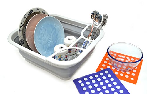 SAMMART Collapsible 7L (1.85 gallons) Plastic Dish Drainer with Draining Board - Foldable Drying Rack with base board - Pop Up Dinnerware Organizer - Space Saving Kitchen Storage Tray
