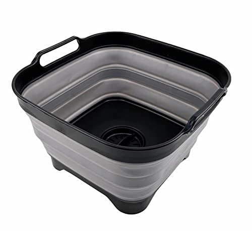 SAMMART 10L (2.64 Gallon) Collapsible Dishpan with Draining Plug - Foldable Washing Basin - Portable Dish Washing Tub - Space Saving Kitchen Storage Tray