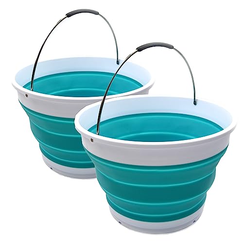 SAMMART Set of 2 Collapsible Super Big Round Bucket with Handle (17L) - Portable Laundry Basket/Storage Container - Foldable Hamper/Car Trunk Tub - Space Saving Washing-up Bucket