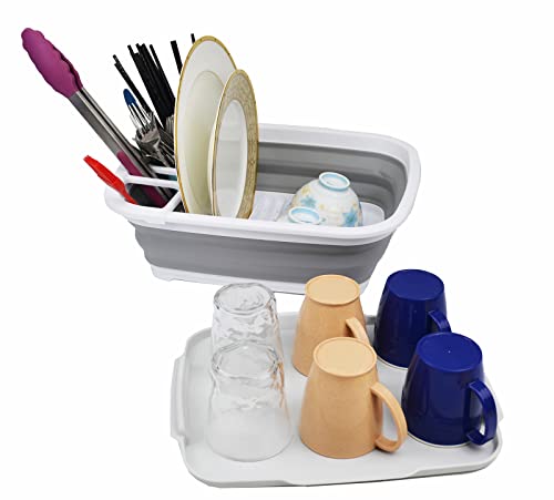 SAMMART 8L (2.11Gallons) Collapsible Dish Drainer with Drainer Board - Foldable Drying Rack Set - Portable Dinnerware Organizer - Space Saving Kitchen Storage Tray