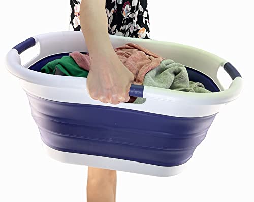 SAMMART Set of 2 Collapsible 3 handled Plastic Laundry Basket-Oval Washing Tub/Basket-Foldable Storage Container/Hamper-Easy Storage Space Saving