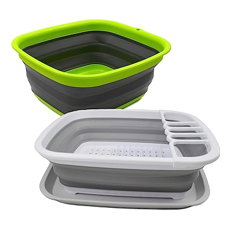 SAMMART 2pcs Set of 7.7L (2 Gallons) Collapsible Tub & 8L (2.11Gallons) Collapsible Dish Drainer with Drainer Board-Foldable Drying Rack Set-Portable Organizer-Space Saving