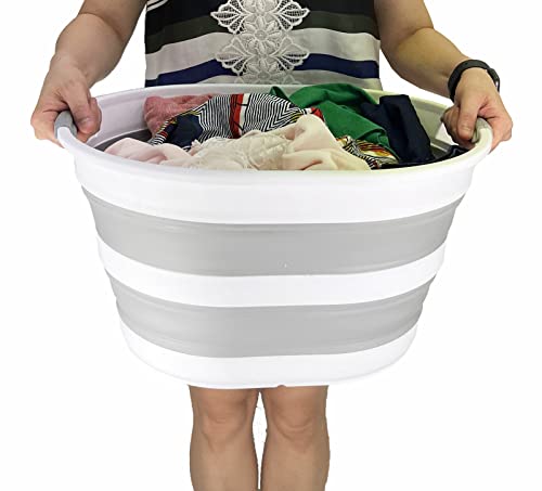 SAMMART 23L (6 Gallons) Set of 2 Collapsible Plastic Laundry Basket - Oval Tub - Foldable Storage Container/Organizer - Portable Washing Tub - Space Saving Laundry Hamper (Grey/Sage Green)