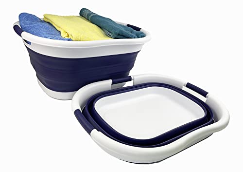SAMMART Set of 2 Collapsible 3 handled Plastic Laundry Basket-Oval Washing Tub/Basket-Foldable Storage Container/Hamper-Easy Storage Space Saving