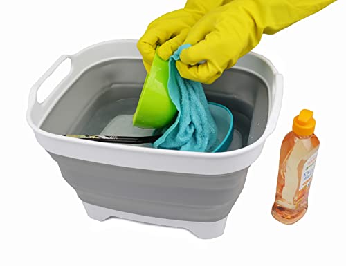 SAMMART 7.5L (2 gallons) Collapsible Plastic Dishpan with Draining Plug - Portable Washing Basin - Foldable Washing Tub - Pop Up Saving