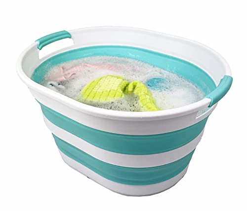 SAMMART 23L (6 Gallons) Collapsible Plastic Laundry Basket - Oval Tub/Basket - Foldable Storage Container/Organizer - Portable Washing Tub - Space Saving Laundry Hamper (White/Sage Green) (
