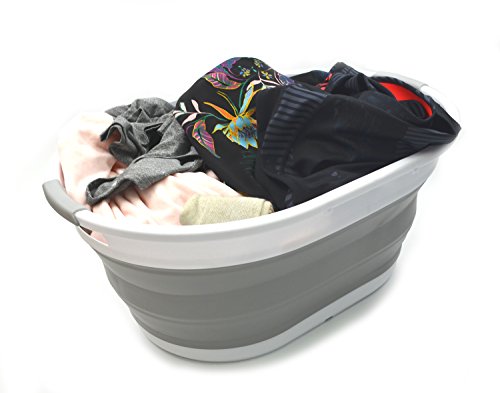 SAMMART Set of 2-39L(10.3 Gallon) Collapsible Plastic Laundry Basket-Pop Up Storage Container-Portable Washing Tub-Space Saving Hamper/Basket, Water Capacity:30L(7.9 Gallon) (2 Oval, Grey)